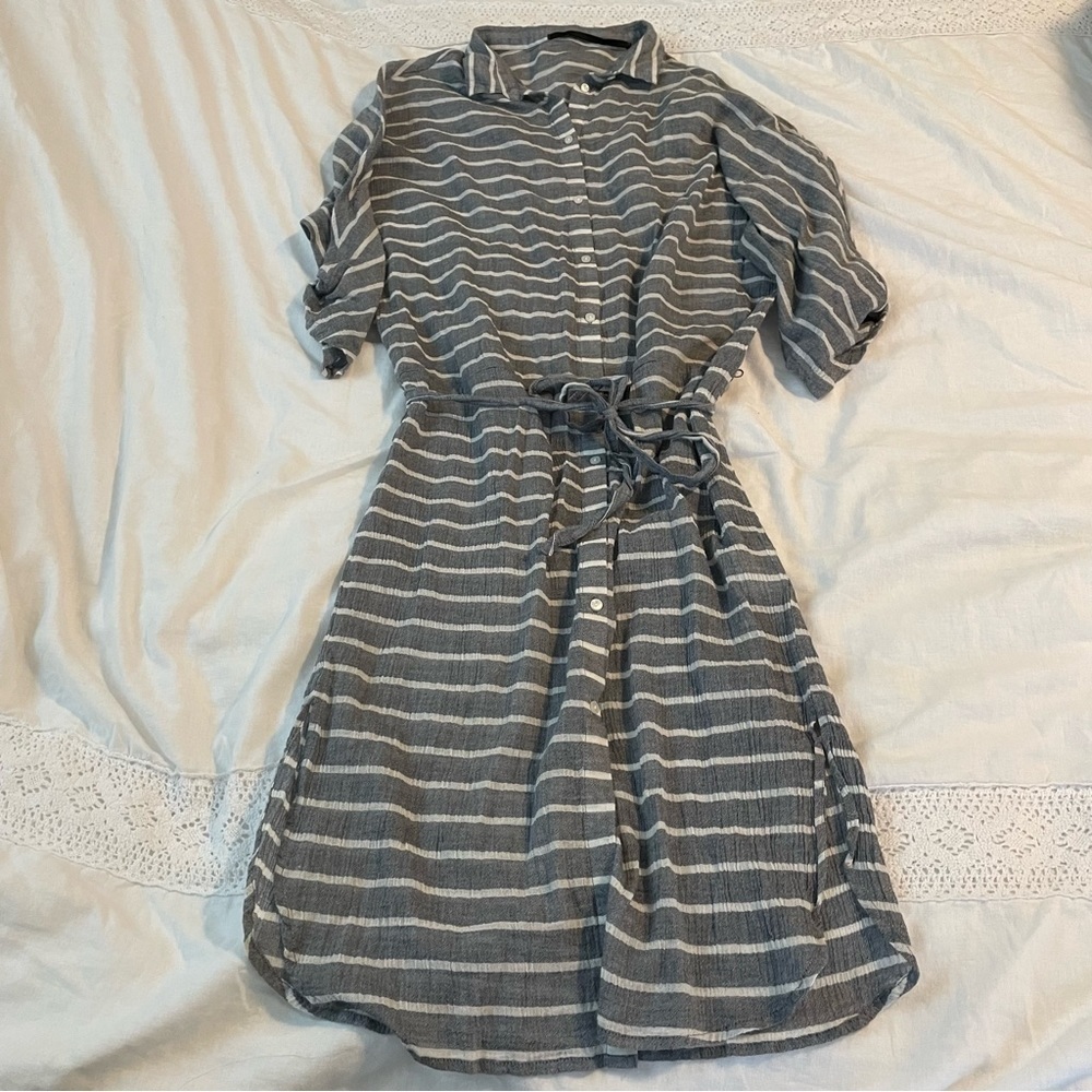 JUST Female XS Dyre long shirt Grey/Blue and white stripes Shirt Dress